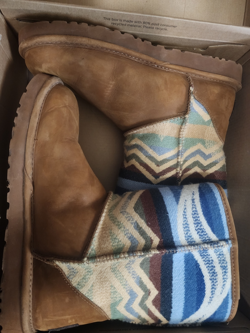 UGG Womans Tan Leather Boots with Blue and Cream Patterned Fabric Shaft